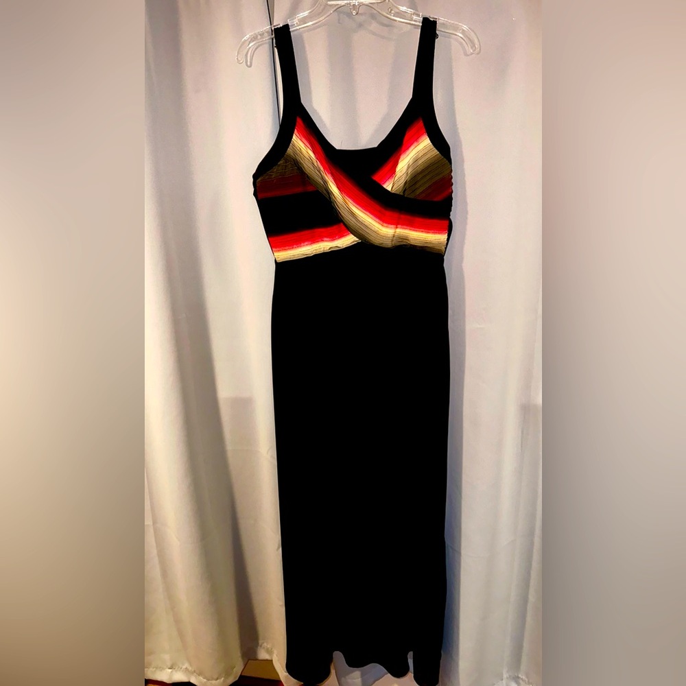 Amanda Lane Black Maxi Dress with Red and Gold Striped Bodice